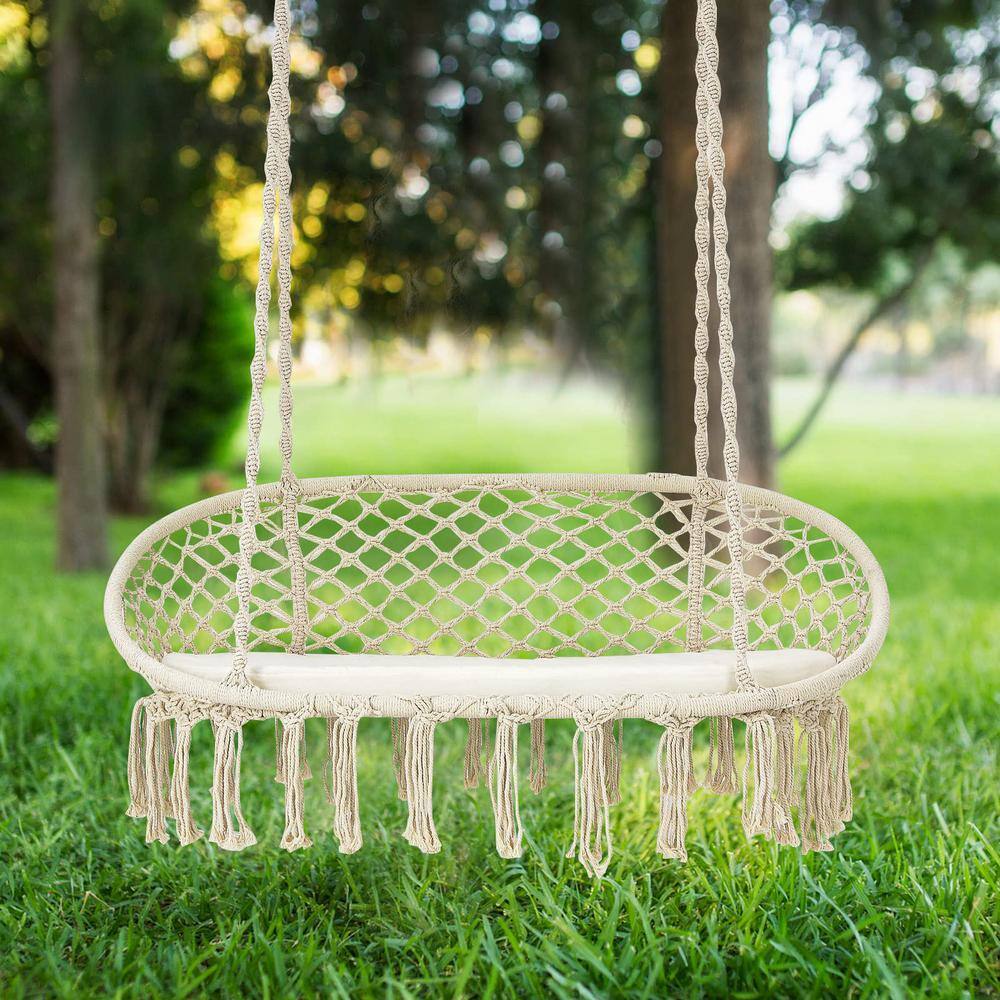 2-Person Steel Outdoor Patio Hanging Double Hammock Swing Chair with White Cushion