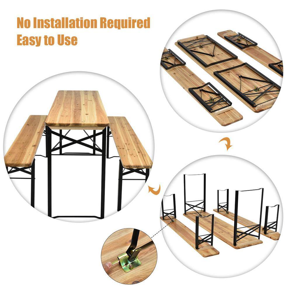 Black 3-Pieces Wooden Folding Picnic Outdoor Table Bench Set