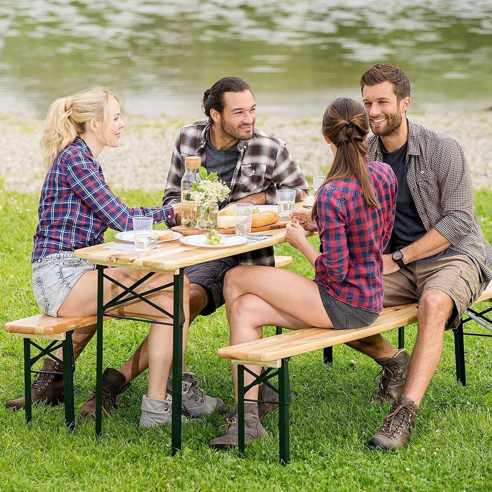 Black 3-Pieces Wooden Folding Picnic Outdoor Table Bench Set