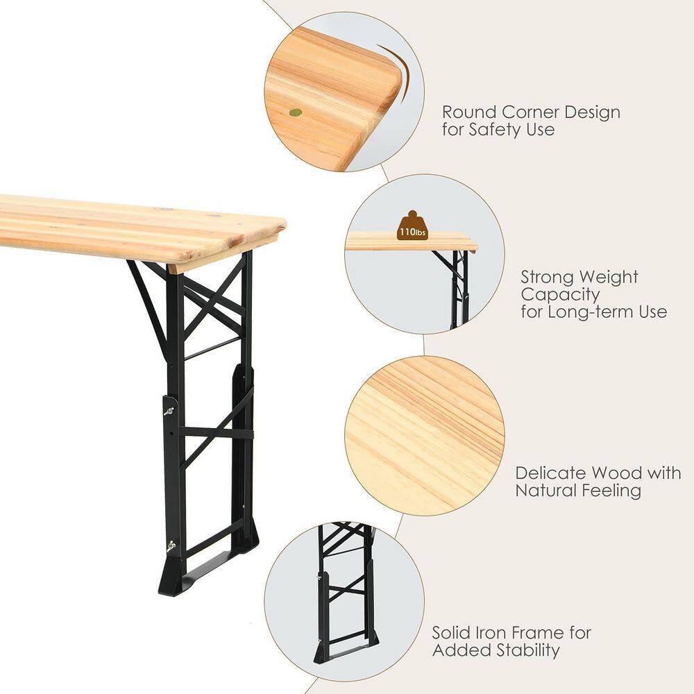 66.5 in. Wooden Folding Picnic Outdoor Table with Adjustable Heights