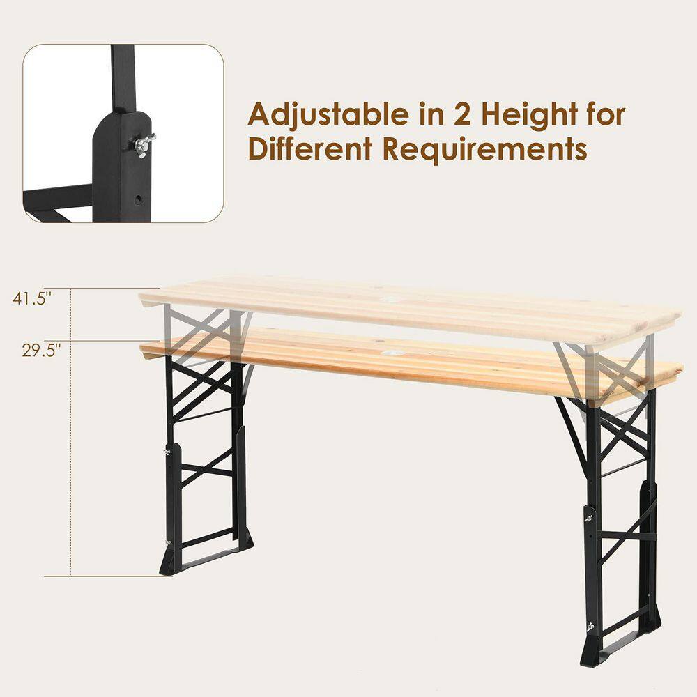 66.5 in. Wooden Folding Picnic Outdoor Table with Adjustable Heights