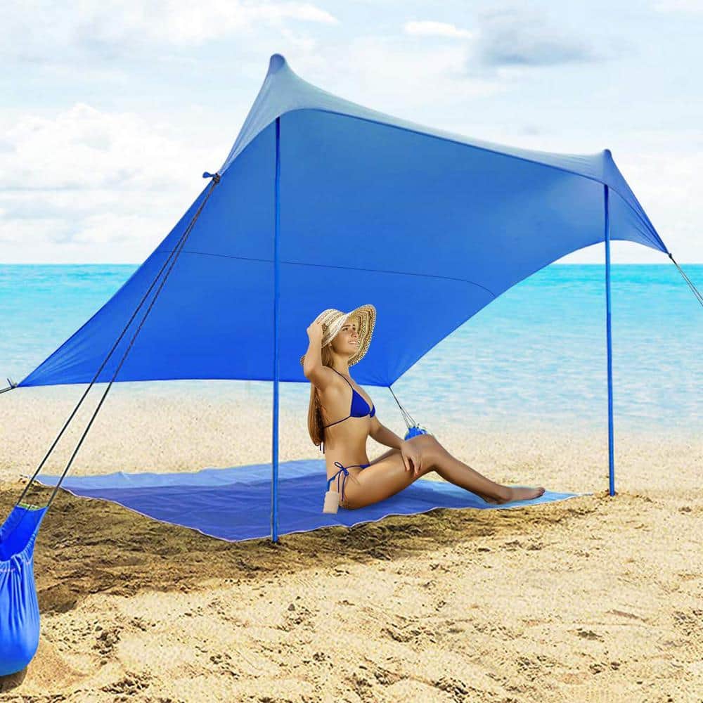 7 ft. x 7 ft. Blue Family Beach Tent Canopy Sunshade with 4-Poles
