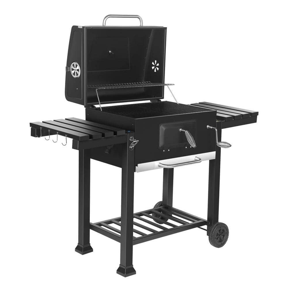 Heavy-Duty Portable Charcoal Grill in Black with Foldable Side Shelves and Cover