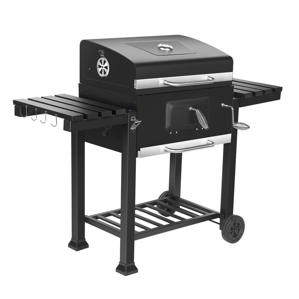 Heavy-Duty Extra-Large Portable Charcoal Grill in Black with Foldable Side Shelves and Cover