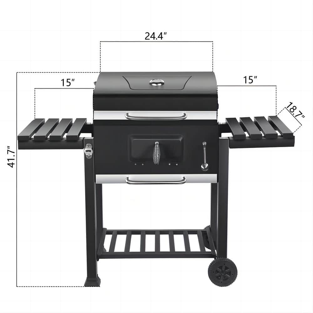 Heavy-Duty Extra-Large Portable Charcoal Grill in Black with Foldable Side Shelves and Cover
