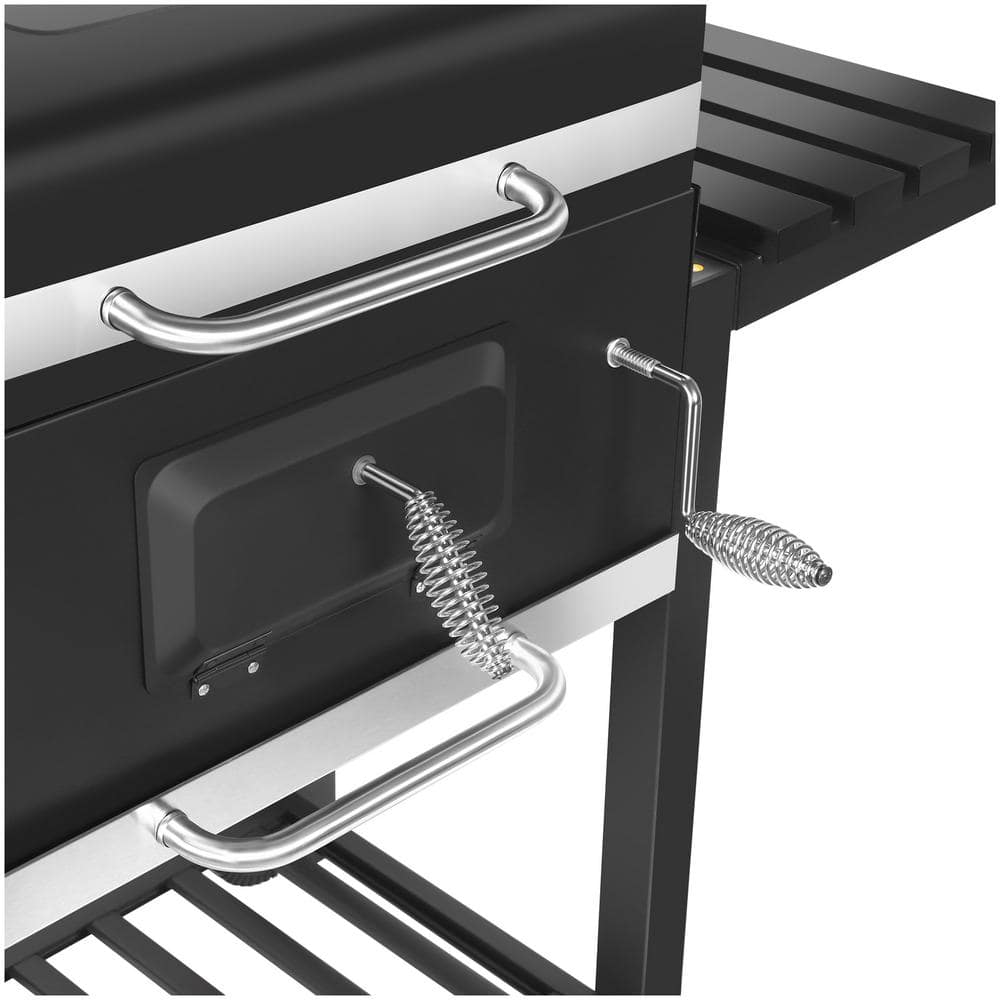Heavy-Duty Extra-Large Portable Charcoal Grill in Black with Foldable Side Shelves and Cover