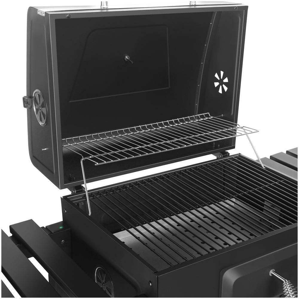 Heavy-Duty Extra-Large Portable Charcoal Grill in Black with Foldable Side Shelves and Cover