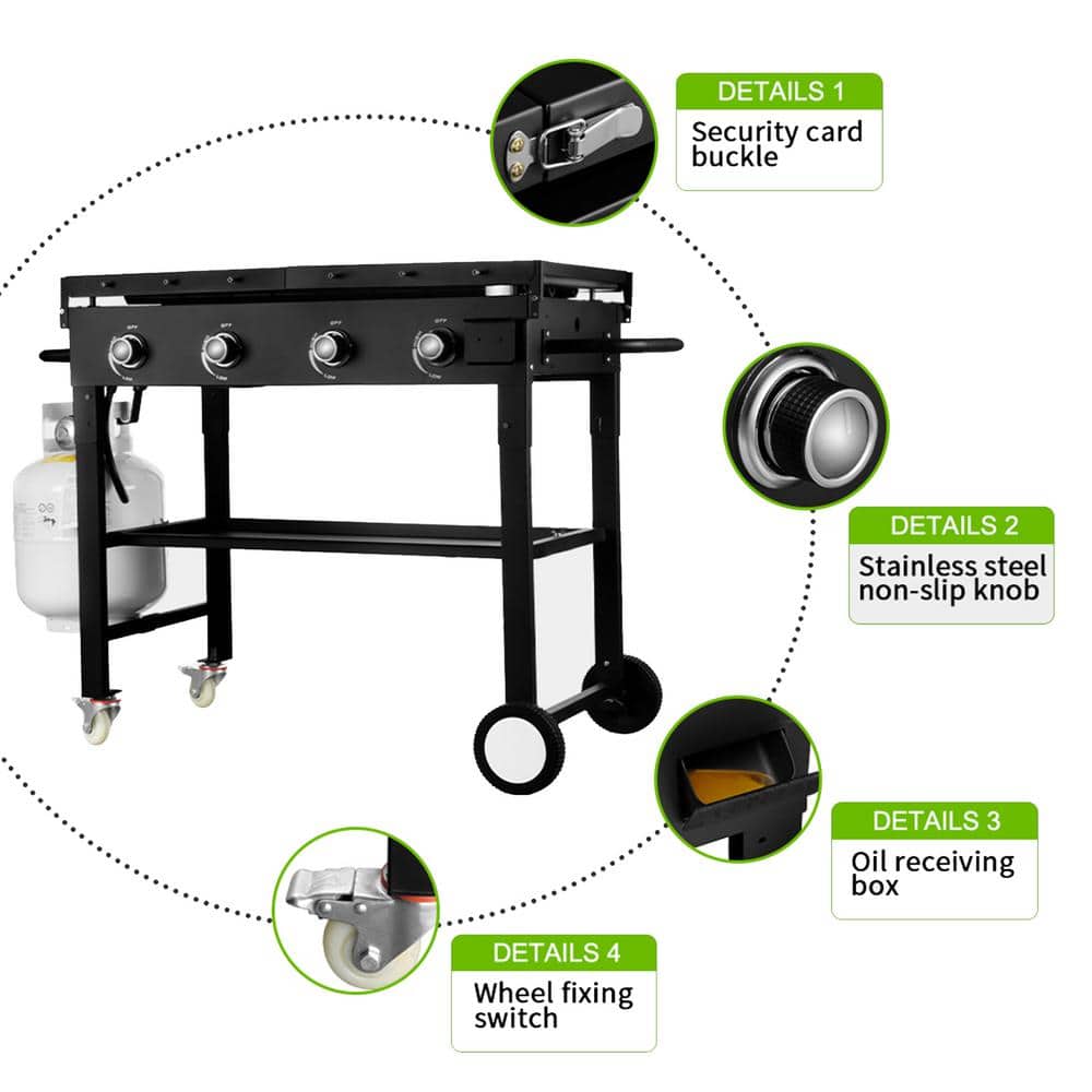 4-Burner Outdoor Foldable Propane Gas Grill in Black with Wheels