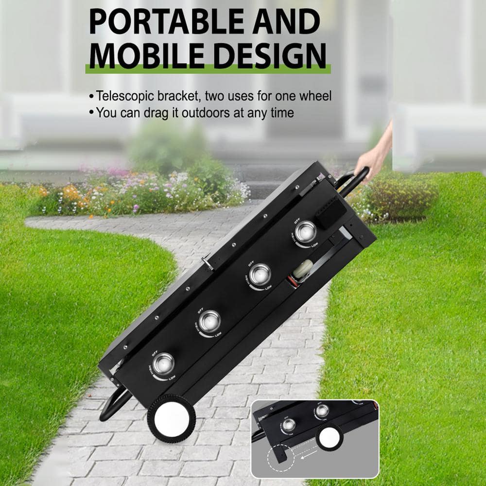 4-Burner Outdoor Foldable Propane Gas Grill in Black with Wheels