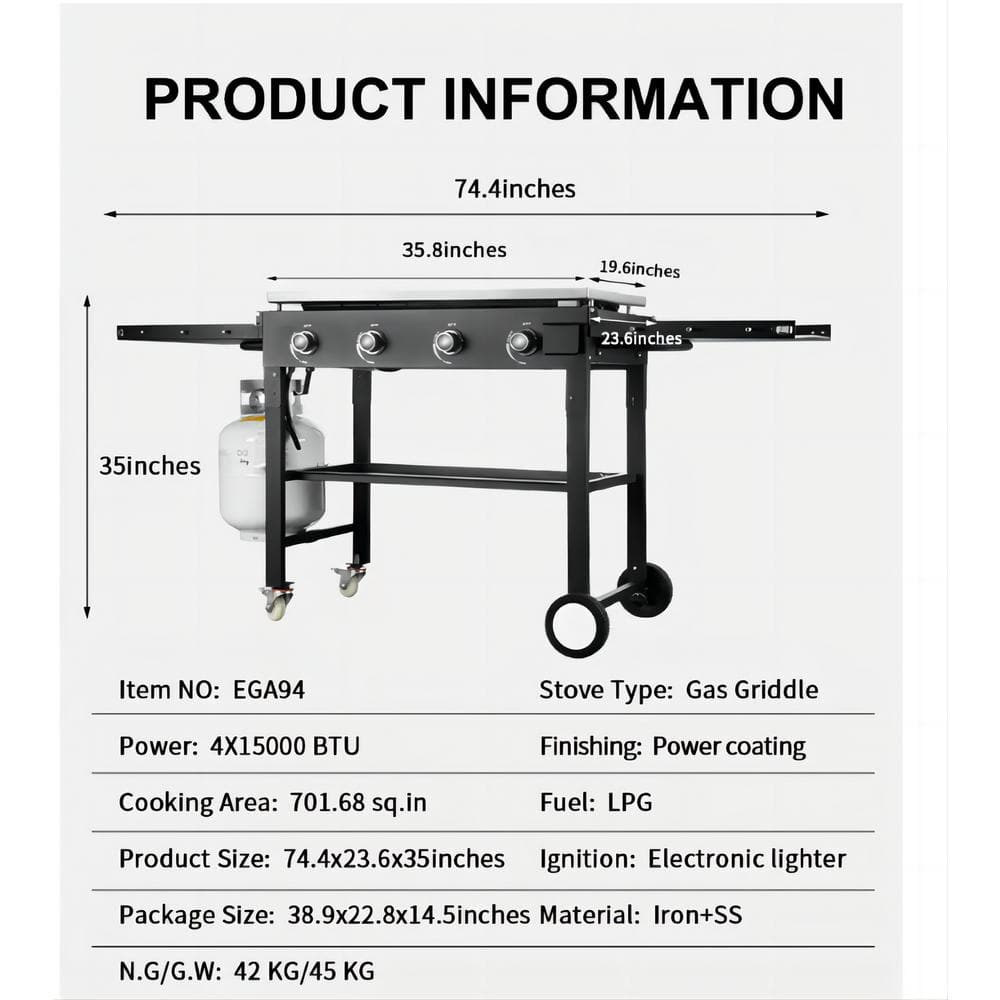 4-Burner Outdoor Foldable Propane Gas Grill in Black with Wheels