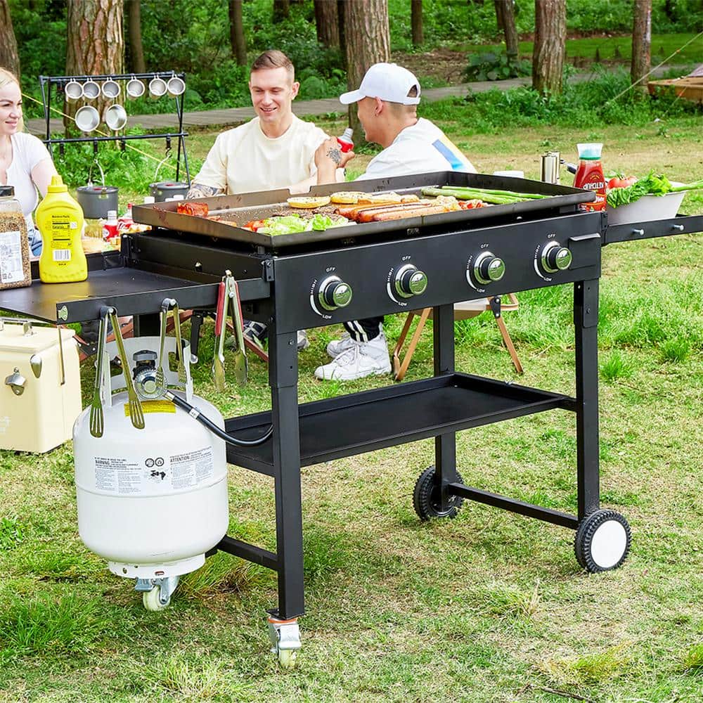 4-Burner Outdoor Foldable Propane Gas Grill in Black with Wheels