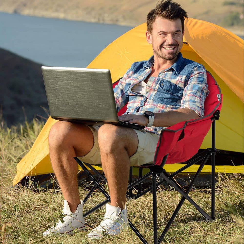 Red Steel Folding Camping Moon Padded Chair with Carry Bag