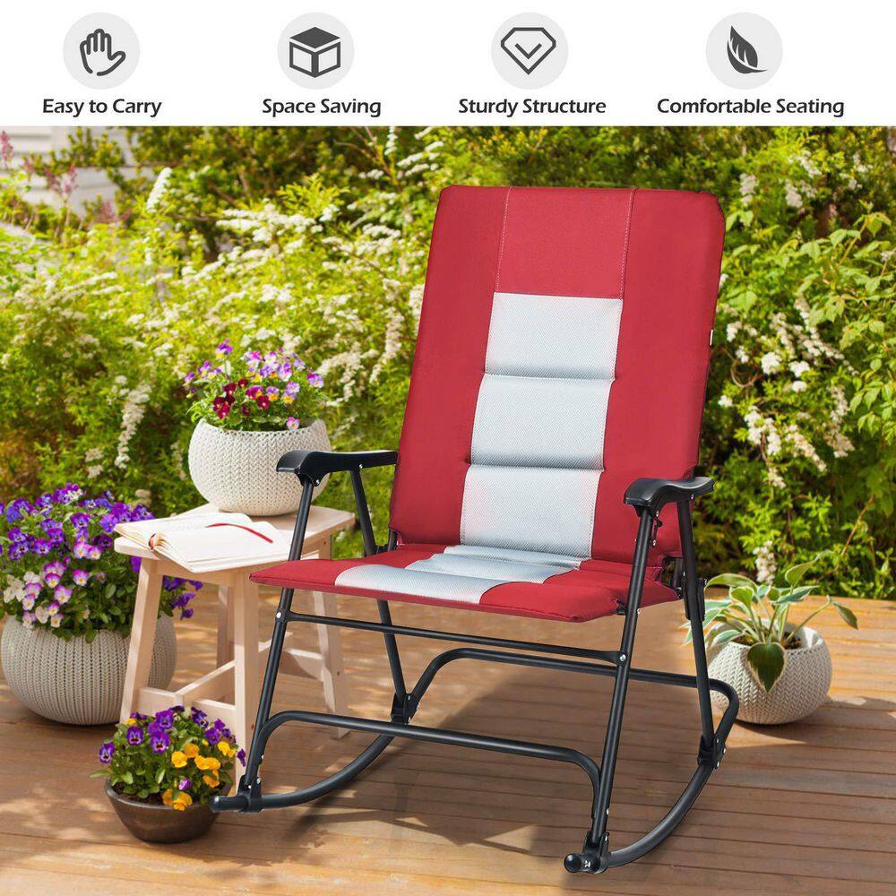Red Steel Outdoor Rocking Chair Foldable Padded Camping Chair with Bac ...