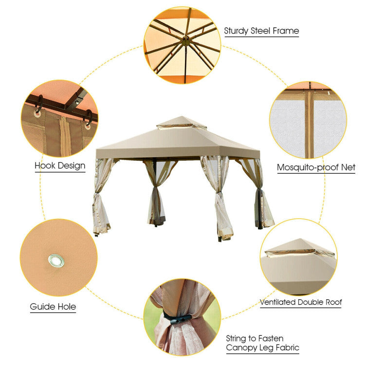2-Tier 10 ft. x 10 ft. Beige Outdoor Patio Gazebo with Netting