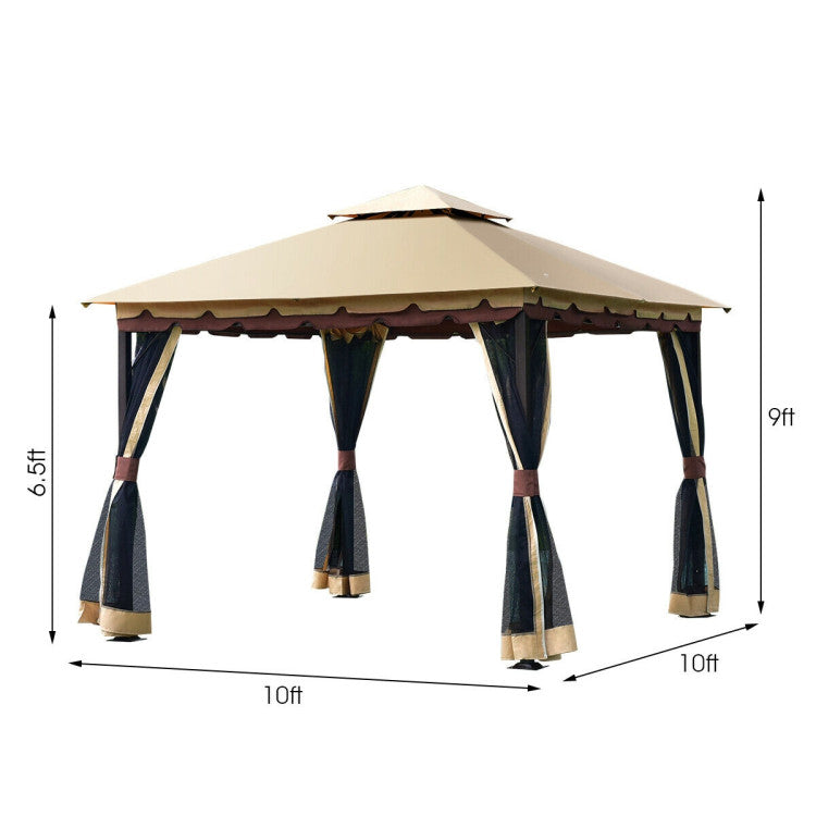 2-Tier 10 ft. x 10 ft. Steel Outdoor Garden Gazebo with Black Mesh Curtains