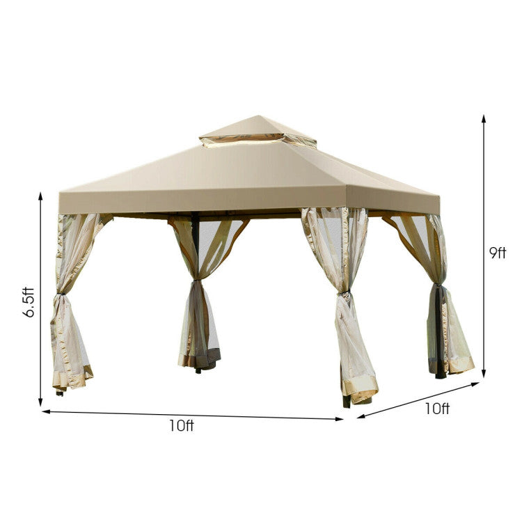 2-Tier 10 ft. x 10 ft. Beige Outdoor Patio Gazebo with Netting
