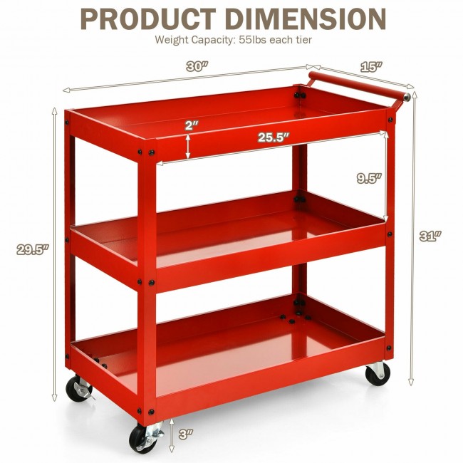 SUGIFT 3-Tier Utility Cart Metal Mental Storage Service Trolley,Red