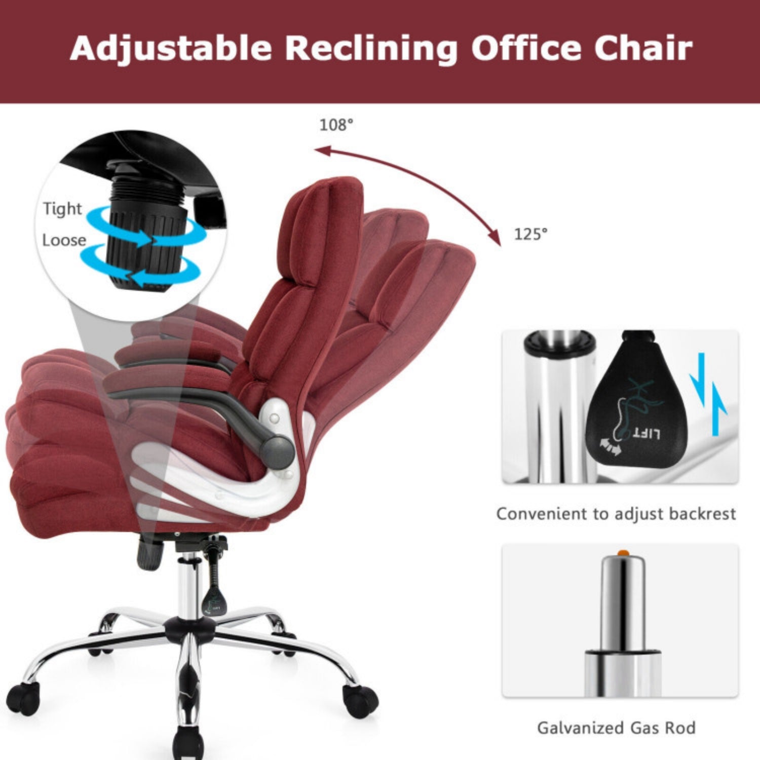 SUGIFT Adjustable Swivel Office Chair with High Back and Flip-up Arm, Red
