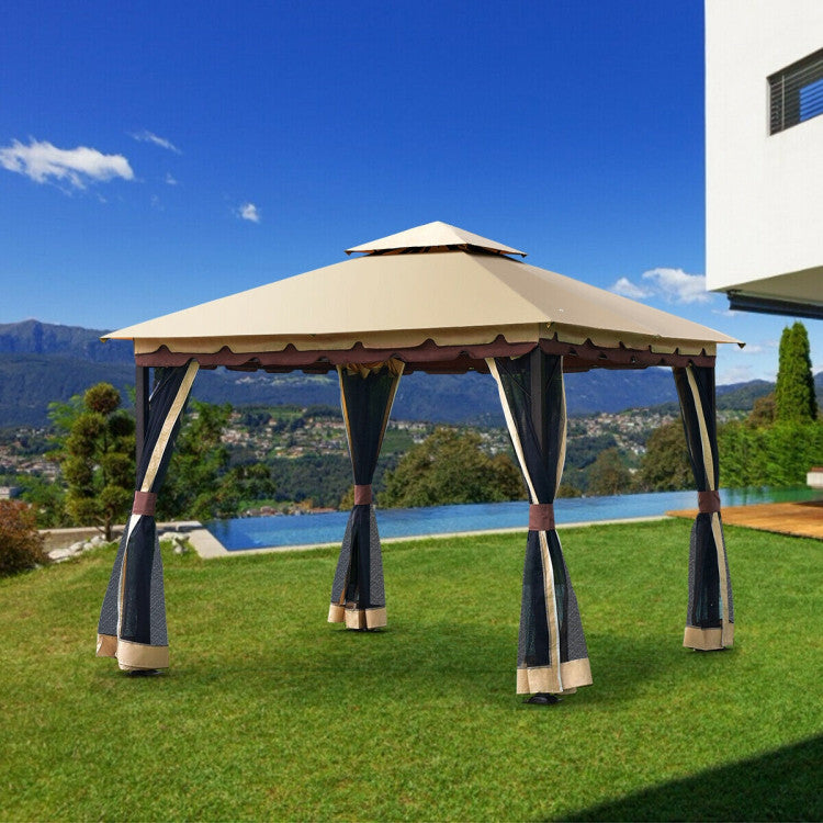 2-Tier 10 ft. x 10 ft. Steel Outdoor Garden Gazebo with Black Mesh Curtains