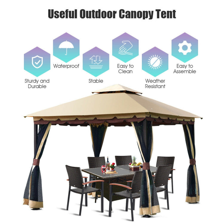 2-Tier 10 ft. x 10 ft. Steel Outdoor Garden Gazebo with Black Mesh Curtains