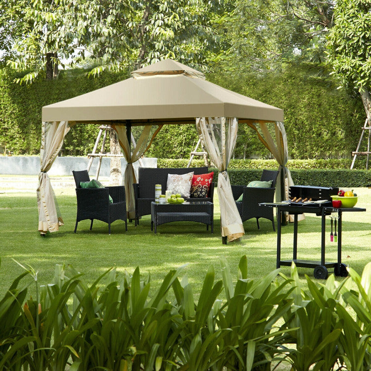 2-Tier 10 ft. x 10 ft. Beige Outdoor Patio Gazebo with Netting