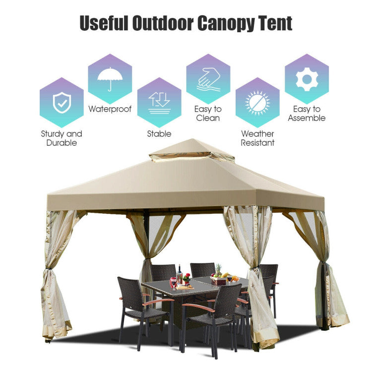 2-Tier 10 ft. x 10 ft. Beige Outdoor Patio Gazebo with Netting