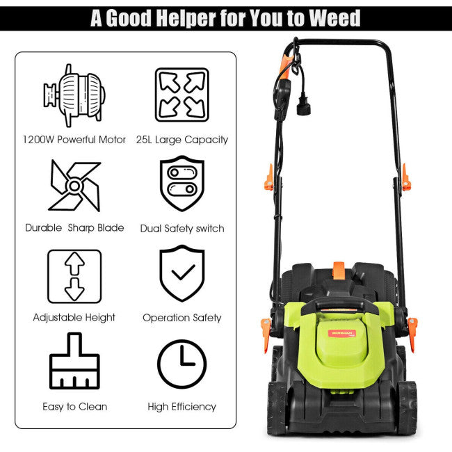 SUGIFT 14-Inch Electric Push Lawn Mower with Folding Handle,12 Amp Lawn Dethatcher,Green