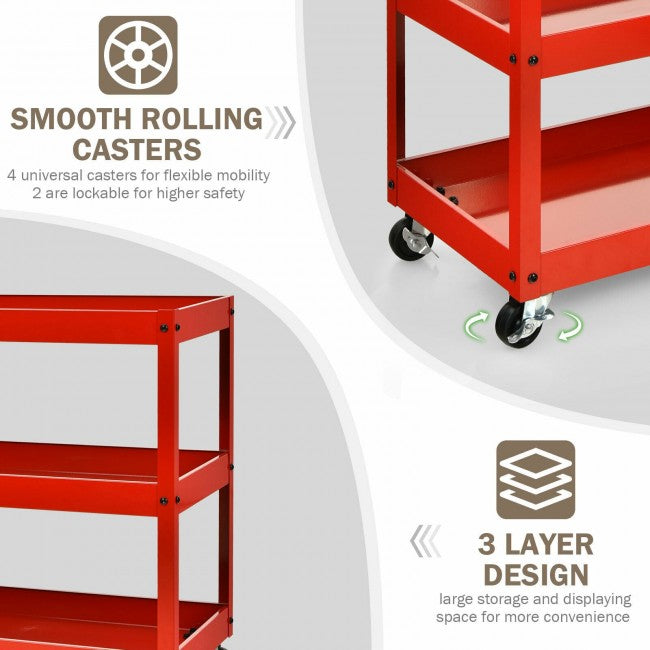 SUGIFT 3-Tier Utility Cart Metal Mental Storage Service Trolley,Red