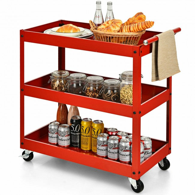 SUGIFT 3-Tier Utility Cart Metal Mental Storage Service Trolley,Red
