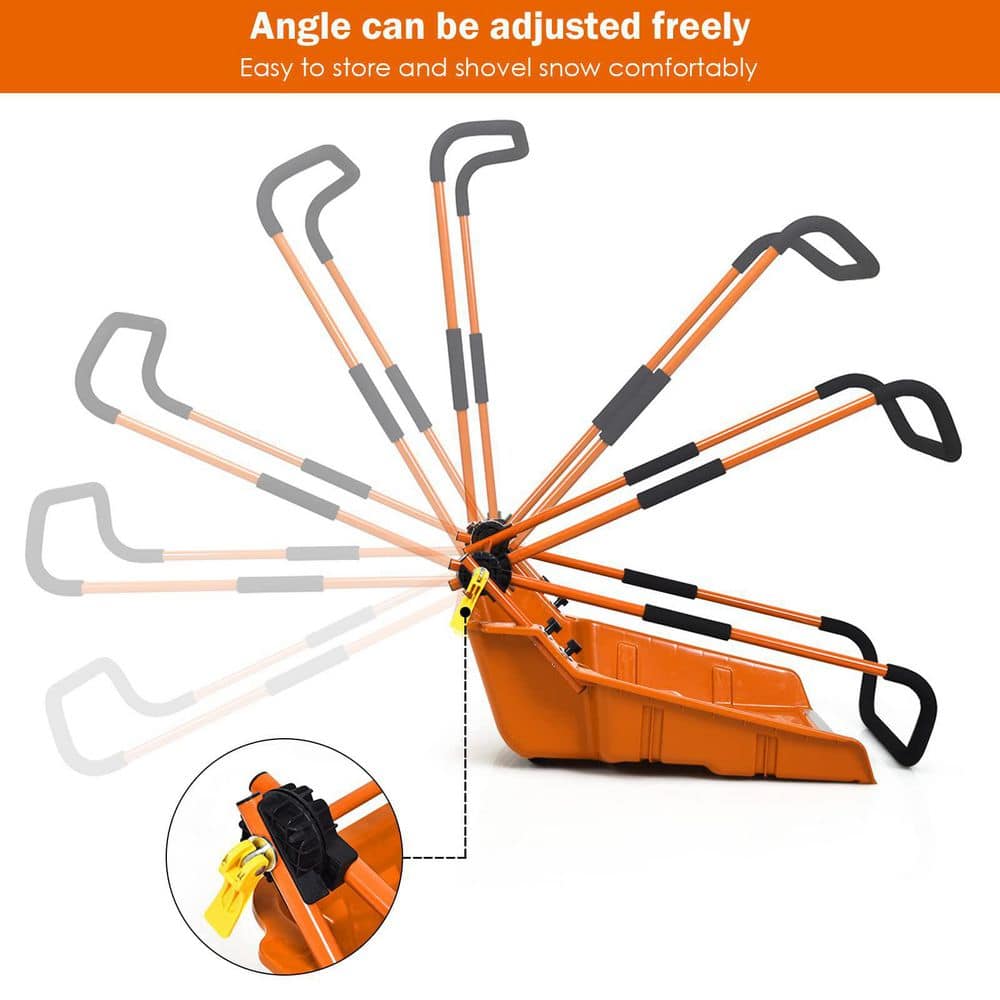 58 in. Orange Steel Handle Plastic Folding Snow Shovel Pusher Scoop with Wheels
