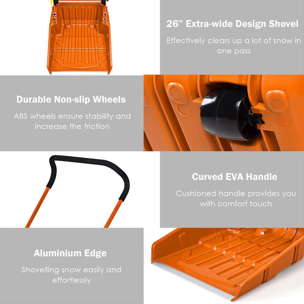 58 in. Orange Steel Handle Plastic Folding Snow Shovel Pusher Scoop with Wheels