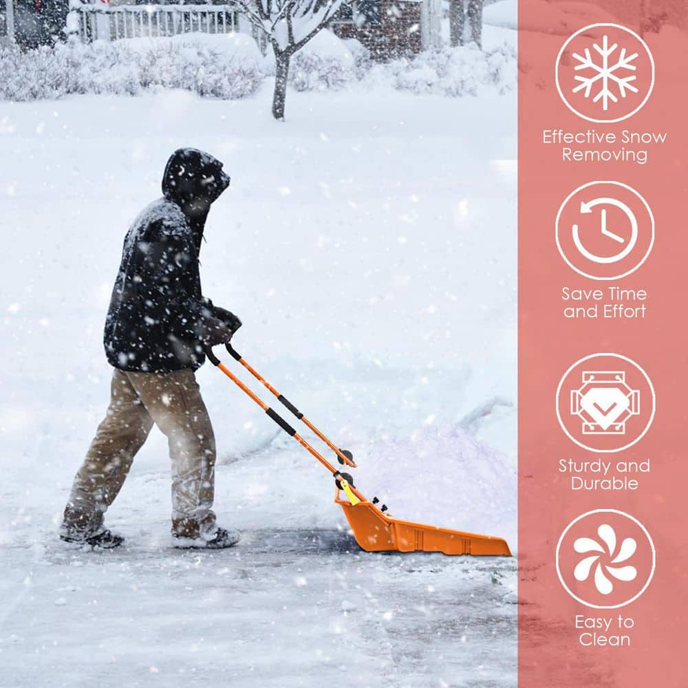 58 in. Orange Steel Handle Plastic Folding Snow Shovel Pusher Scoop with Wheels