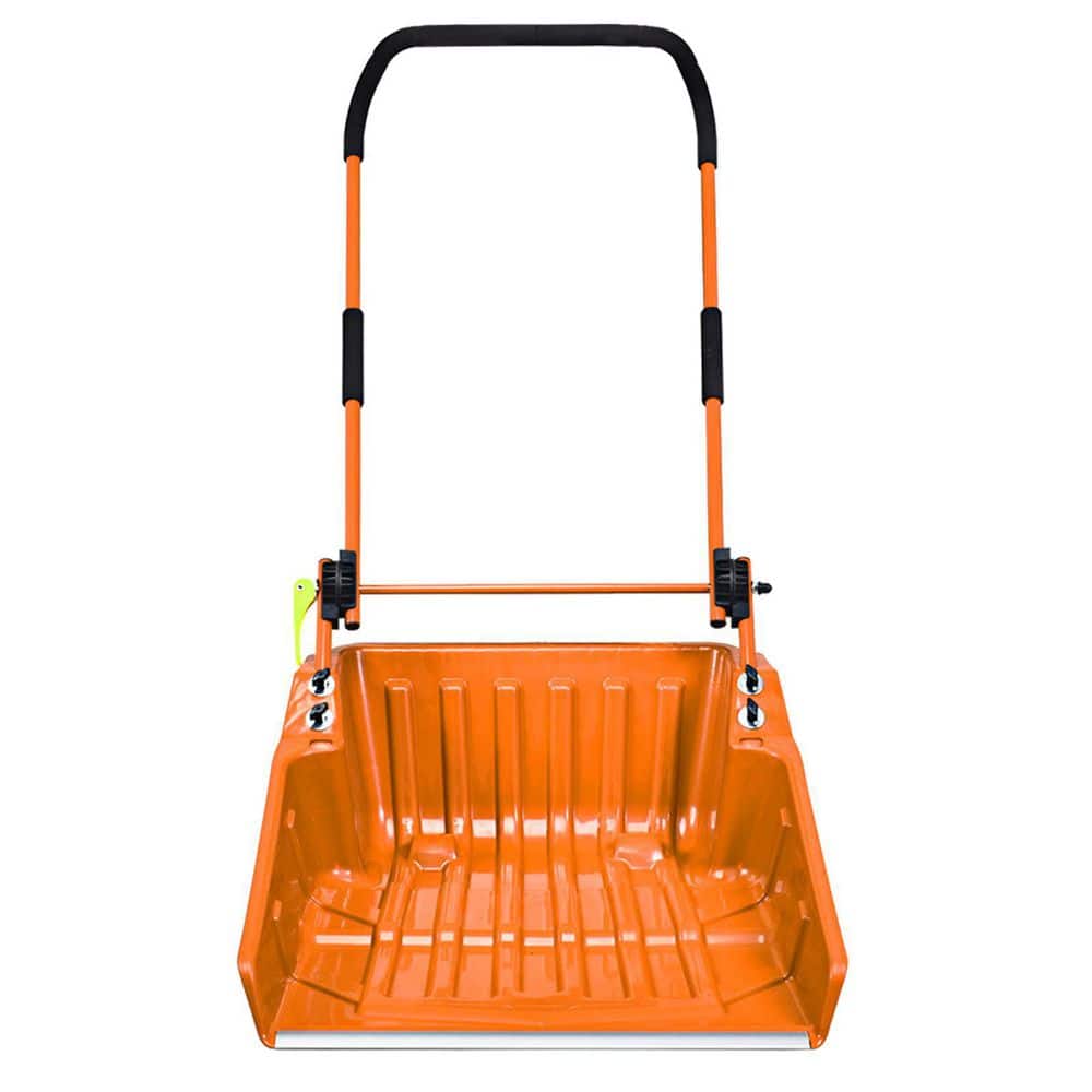 58 in. Orange Steel Handle Plastic Folding Snow Shovel Pusher Scoop with Wheels