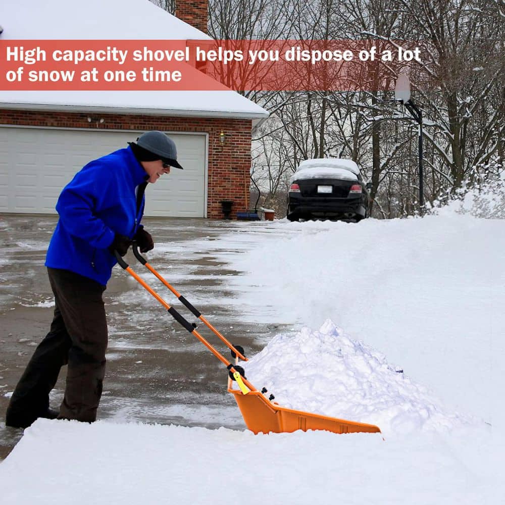58 in. Orange Steel Handle Plastic Folding Snow Shovel Pusher Scoop with Wheels