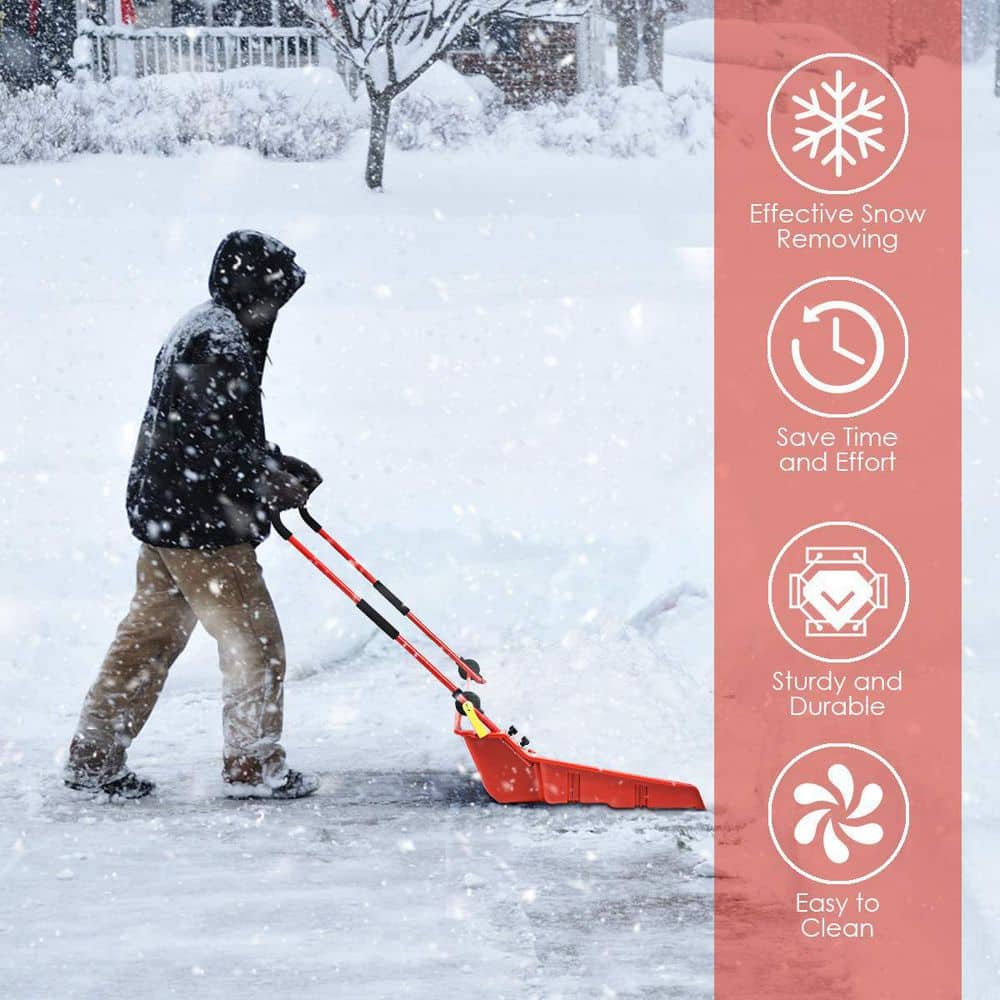 58 in. Steel Handle Plastic Folding Snow Shovel Pusher Scoop with Wheels