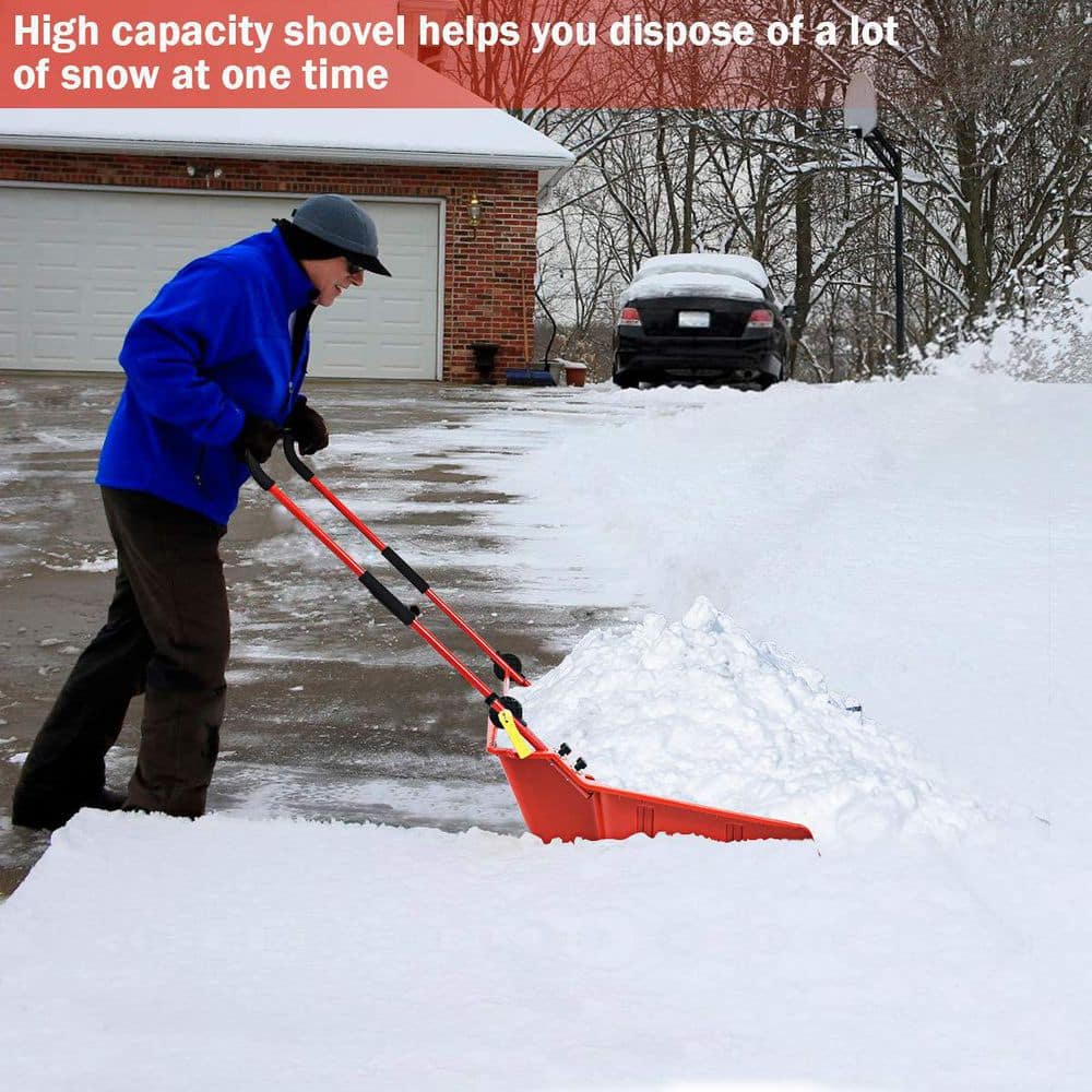 58 in. Steel Handle Plastic Folding Snow Shovel Pusher Scoop with Wheels
