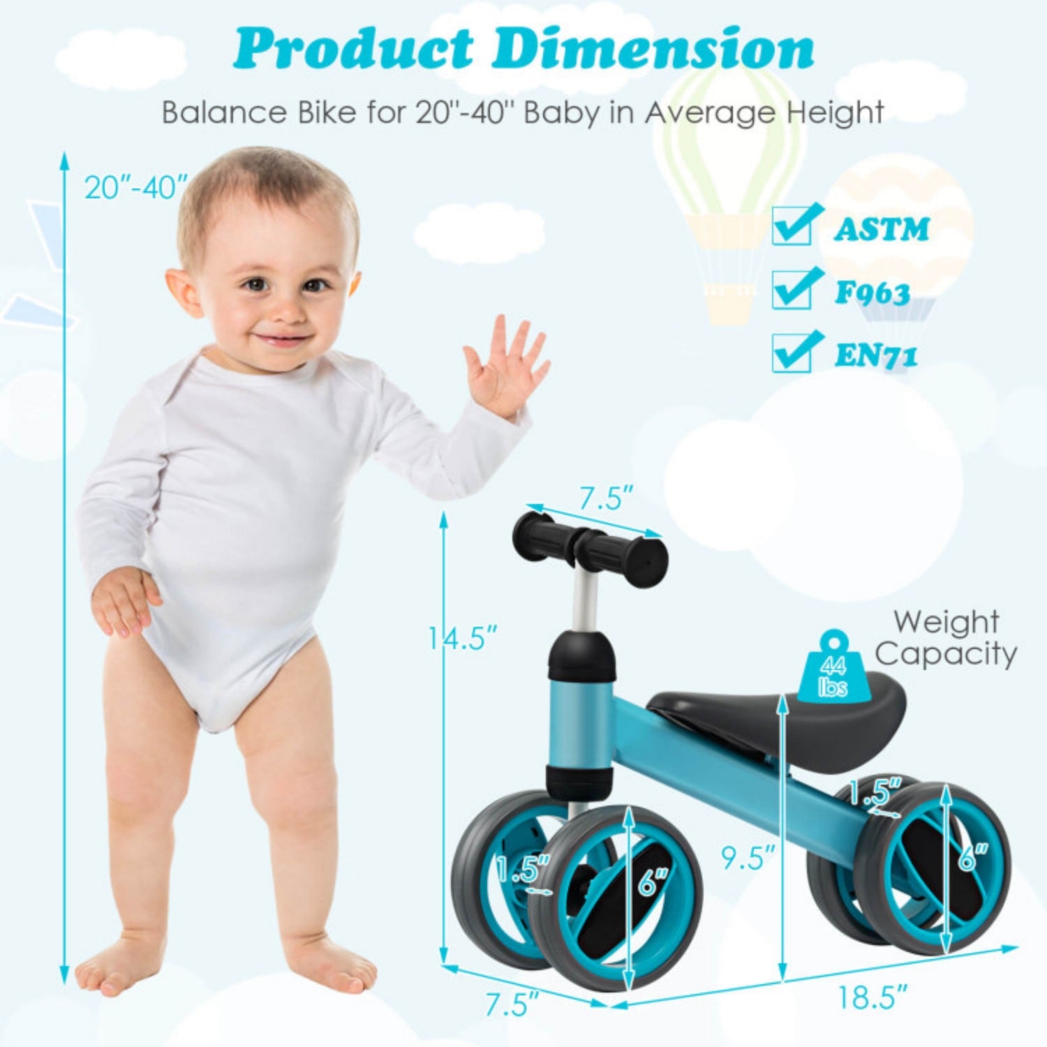 SUGIFT 4 Wheels Baby Balance Bike Toy, Blue