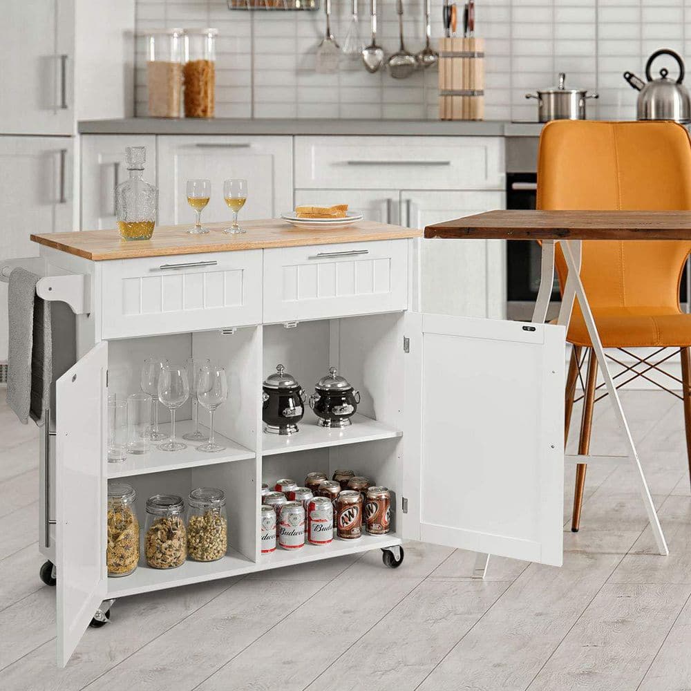 37 in. W Heavy Duty White Rolling Kitchen Cart with Butcher Block Top ...