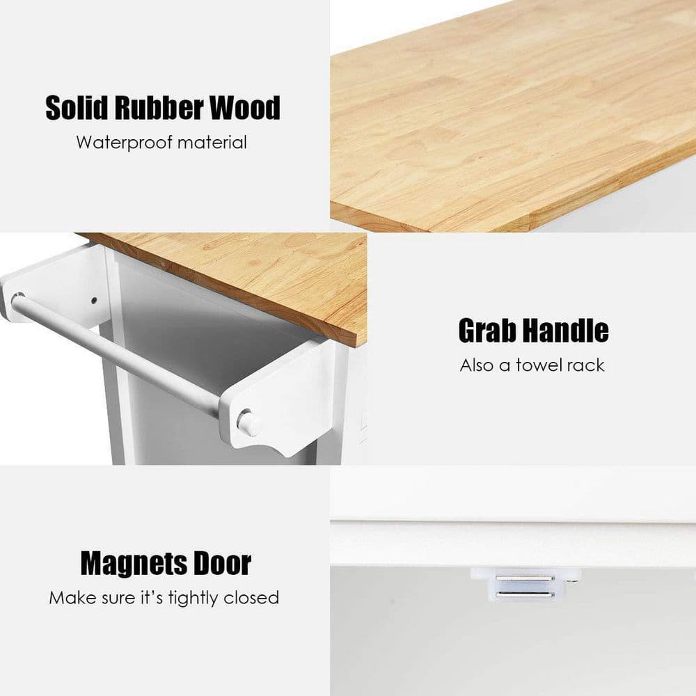 White Wooden Rolling Kitchen Cart with Wood Counter Top