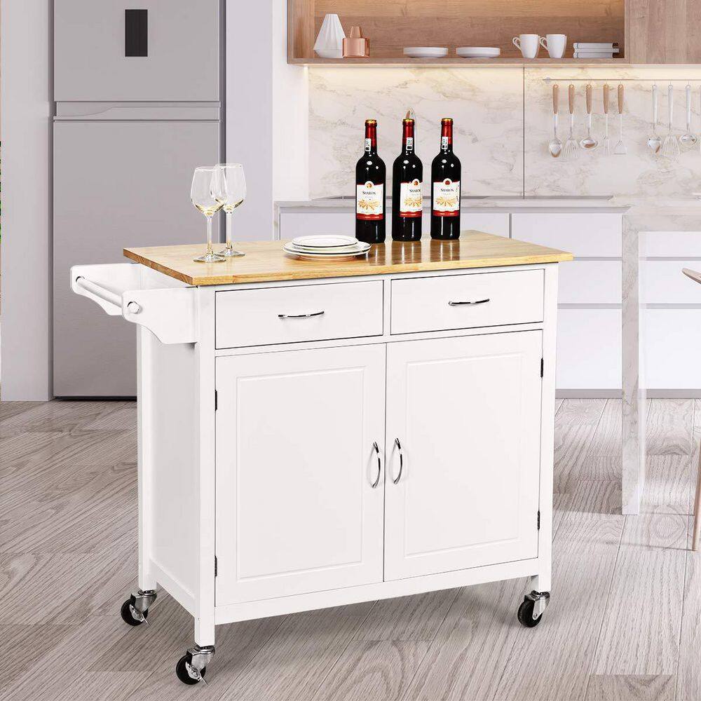 White Wooden Rolling Kitchen Cart with Wood Counter Top