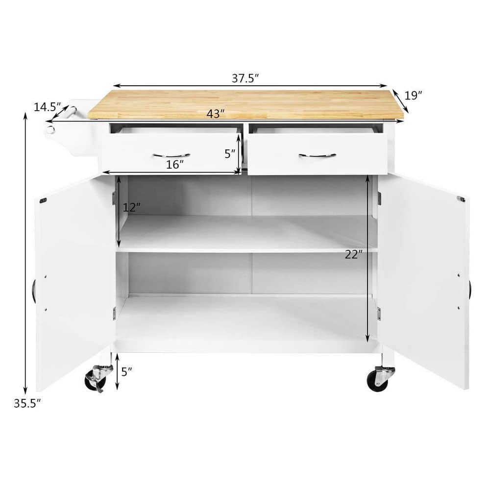 White Wooden Rolling Kitchen Cart with Wood Counter Top