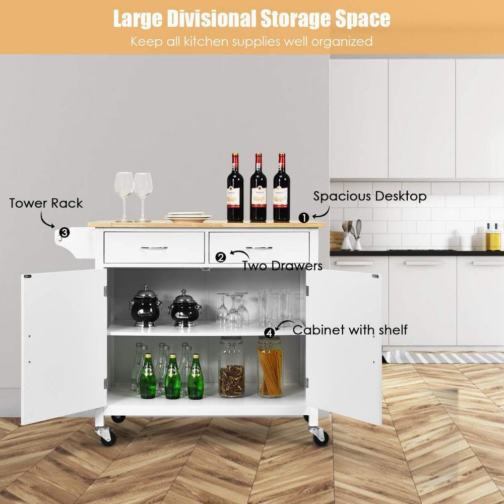 White Wooden Rolling Kitchen Cart with Wood Counter Top