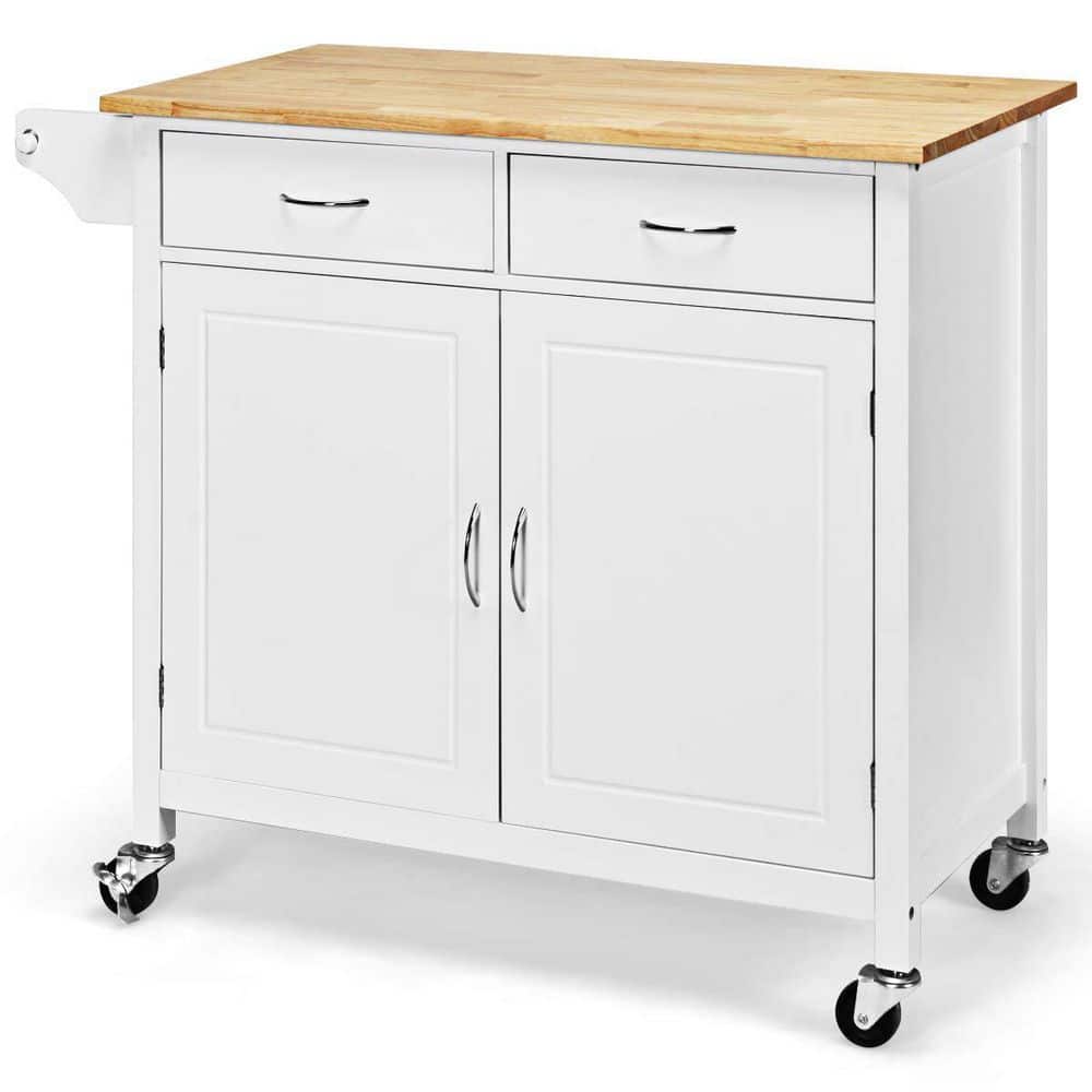 White Wooden Rolling Kitchen Cart with Wood Counter Top