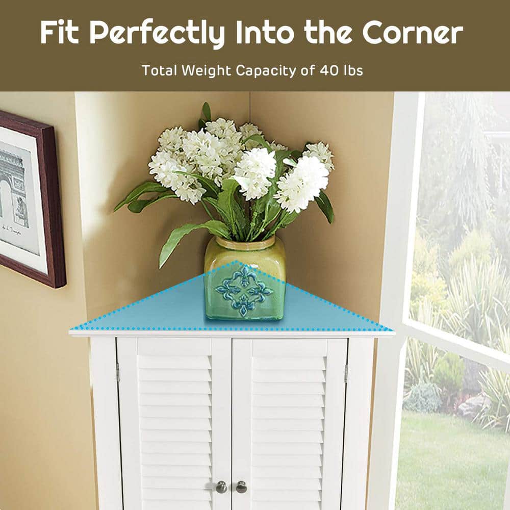 Freestanding Corner Linen Cabinet in White with Shutter Door