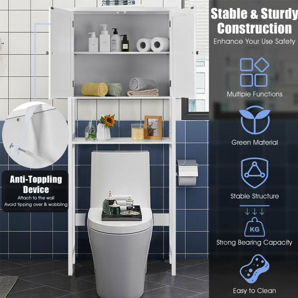 White Bathroom Over-the-Toilet Storage Cabinet Organizer with Doors and Shelves