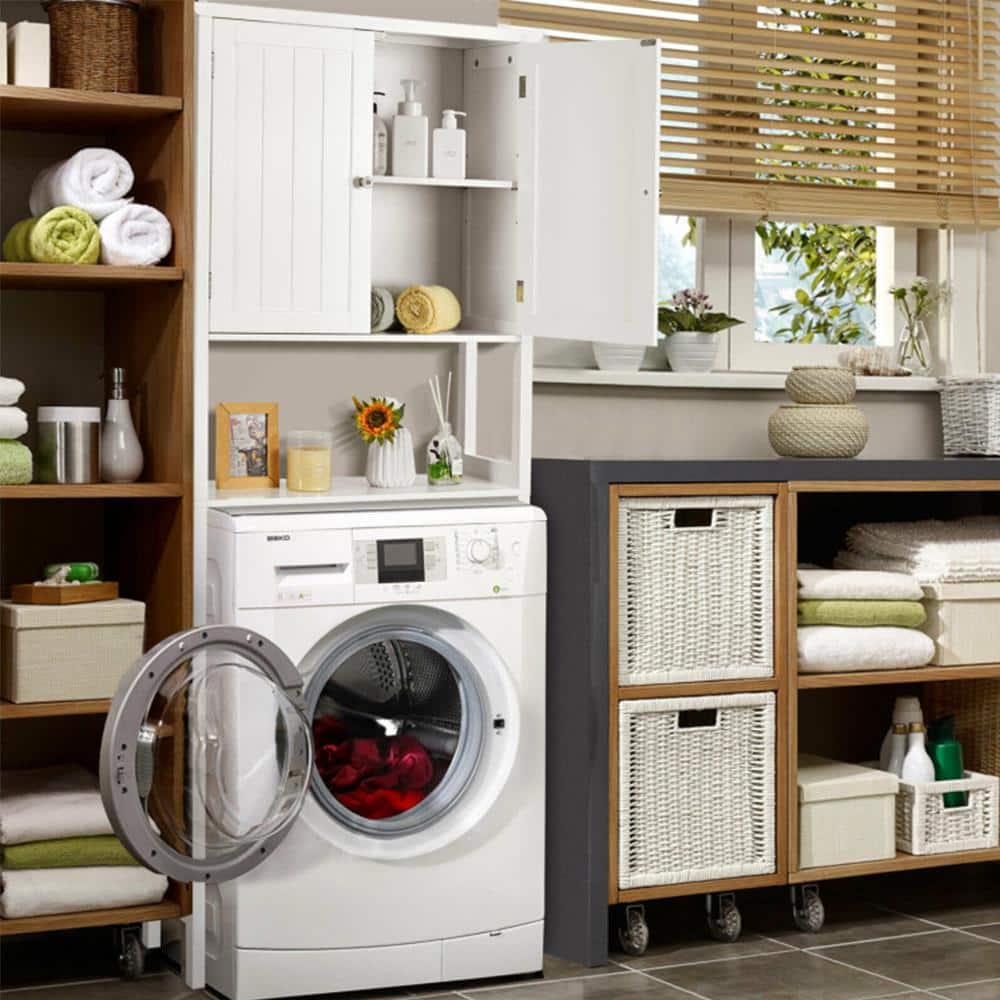 White Bathroom Over-the-Toilet Storage Cabinet Organizer with Doors and Shelves